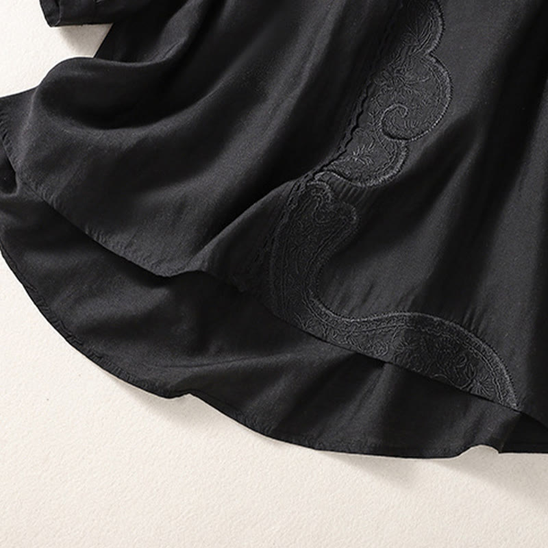 Buddha Stones Casual Haftowany Wzór Damski Dekolt w Serek Projekt Pół Rękawa Bawełna Lniana T-shirt - image 8