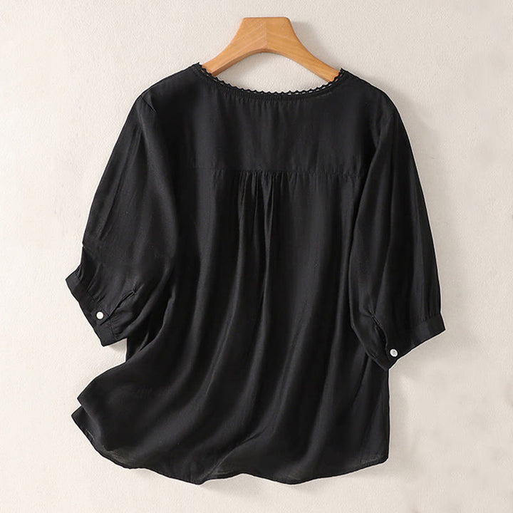 Buddha Stones Casual Haftowany Wzór Damski Dekolt w Serek Projekt Pół Rękawa Bawełna Lniana T-shirt - Czarny - US14, UK/AU18, EU46 (2XL) - image 5