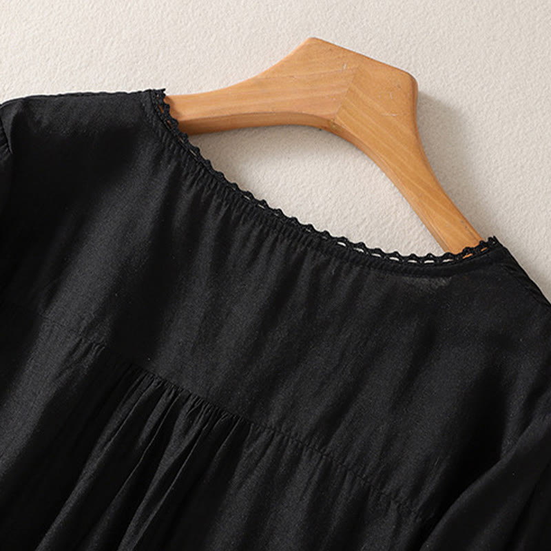 Buddha Stones Casual Haftowany Wzór Damski Dekolt w Serek Projekt Pół Rękawa Bawełna Lniana T-shirt - image 7