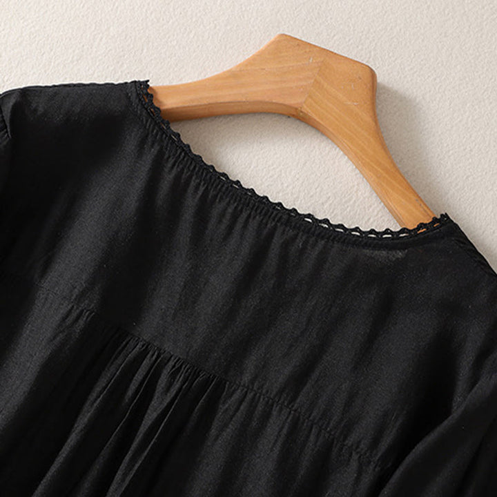 Buddha Stones Casual Haftowany Wzór Damski Dekolt w Serek Projekt Pół Rękawa Bawełna Lniana T-shirt - image 7