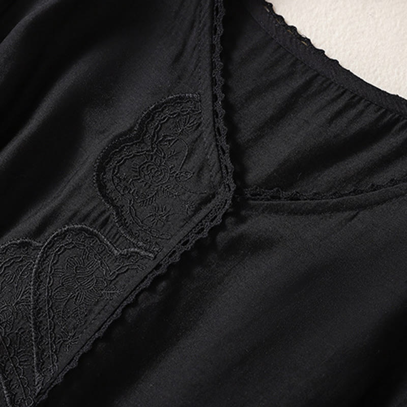 Buddha Stones Casual Haftowany Wzór Damski Dekolt w Serek Projekt Pół Rękawa Bawełna Lniana T-shirt - image 12