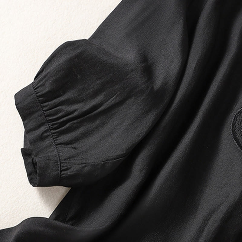 Buddha Stones Casual Haftowany Wzór Damski Dekolt w Serek Projekt Pół Rękawa Bawełna Lniana T-shirt - image 9