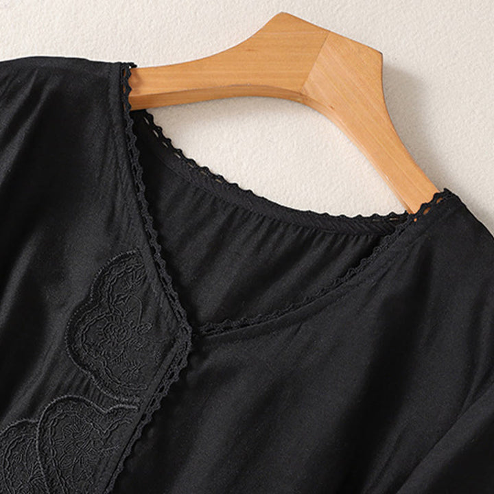 Buddha Stones Casual Haftowany Wzór Damski Dekolt w Serek Projekt Pół Rękawa Bawełna Lniana T-shirt - image 6