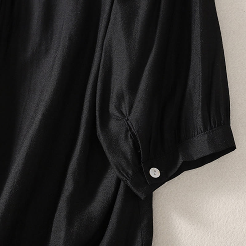 Buddha Stones Casual Haftowany Wzór Damski Dekolt w Serek Projekt Pół Rękawa Bawełna Lniana T-shirt - image 10