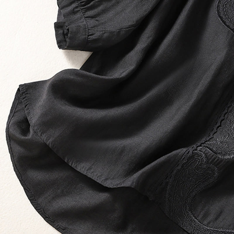 Buddha Stones Casual Haftowany Wzór Damski Dekolt w Serek Projekt Pół Rękawa Bawełna Lniana T-shirt - image 11