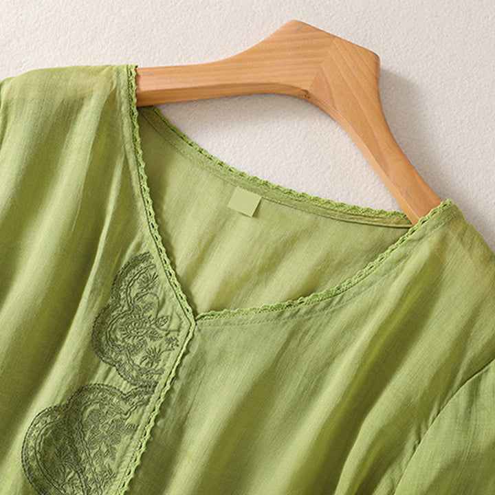 Buddha Stones Casual Haftowany Wzór Damski Dekolt w Serek Projekt Pół Rękawa Bawełna Lniana T-shirt - image 18