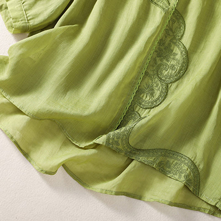 Buddha Stones Casual Haftowany Wzór Damski Dekolt w Serek Projekt Pół Rękawa Bawełna Lniana T-shirt - image 17