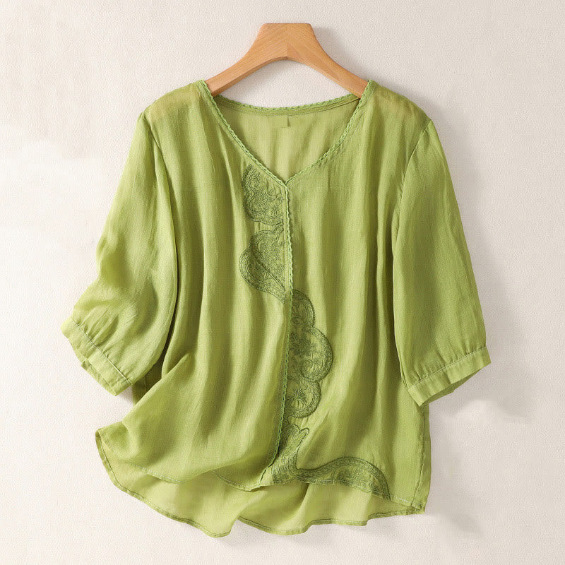 Damska koszulka z krótkim rękawem i dekoltem w serek z haftowanym wzorem "Buddha Stones" - Żółtozielony - US14, UK/AU18, EU46 (2XL) - image 13