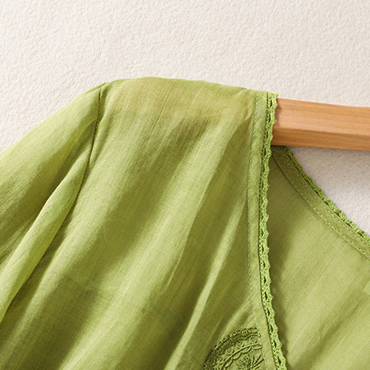 Buddha Stones Casual Haftowany Wzór Damski Dekolt w Serek Projekt Pół Rękawa Bawełna Lniana T-shirt - image 15