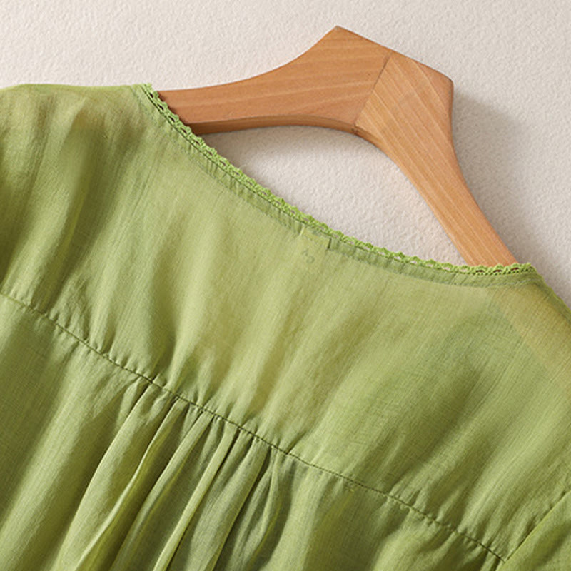 Buddha Stones Casual Haftowany Wzór Damski Dekolt w Serek Projekt Pół Rękawa Bawełna Lniana T-shirt - image 21