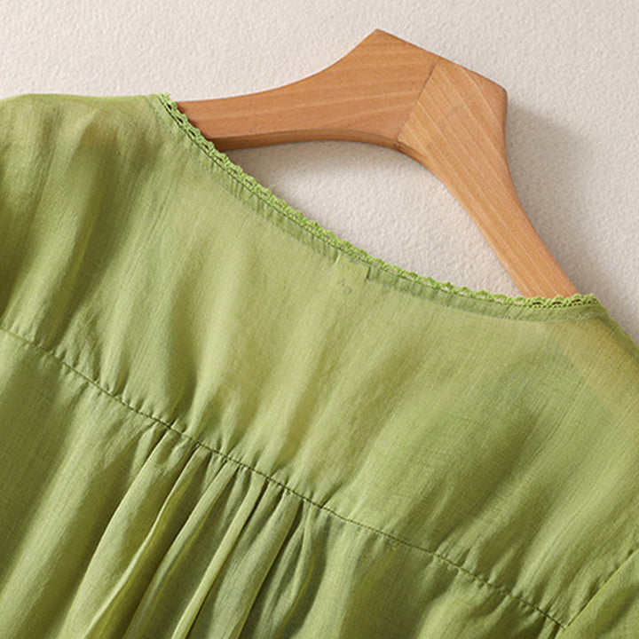 Buddha Stones Casual Haftowany Wzór Damski Dekolt w Serek Projekt Pół Rękawa Bawełna Lniana T-shirt - image 21