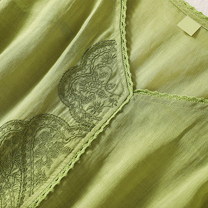 Buddha Stones Casual Haftowany Wzór Damski Dekolt w Serek Projekt Pół Rękawa Bawełna Lniana T-shirt - image 16