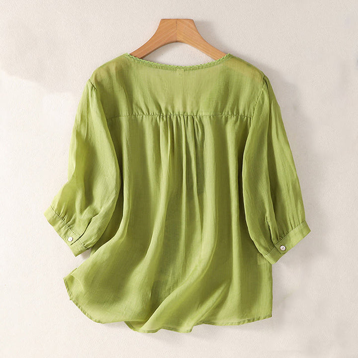 Buddha Stones Casual Haftowany Wzór Damski Dekolt w Serek Projekt Pół Rękawa Bawełna Lniana T-shirt - image 14