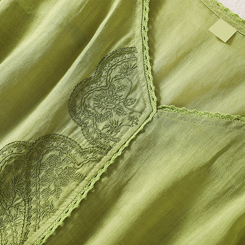 Buddha Stones Casual Haftowany Wzór Damski Dekolt w Serek Projekt Pół Rękawa Bawełna Lniana T-shirt - image 16