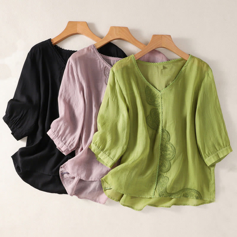 Buddha Stones Casual Haftowany Wzór Damski Dekolt w Serek Projekt Pół Rękawa Bawełna Lniana T-shirt - image 23