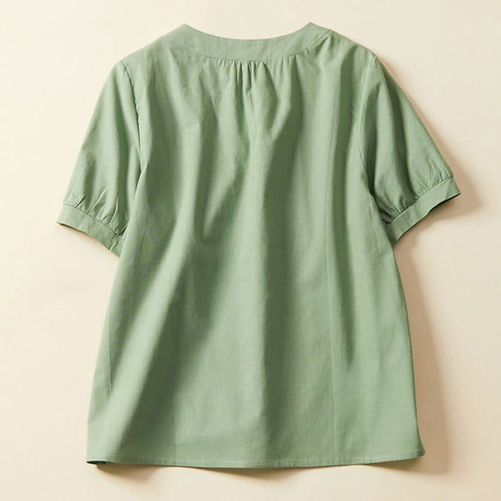 Koszulka damska z krótkim rękawem z bawełny i lnu Buddha Stones Casual Plain Button - image 2