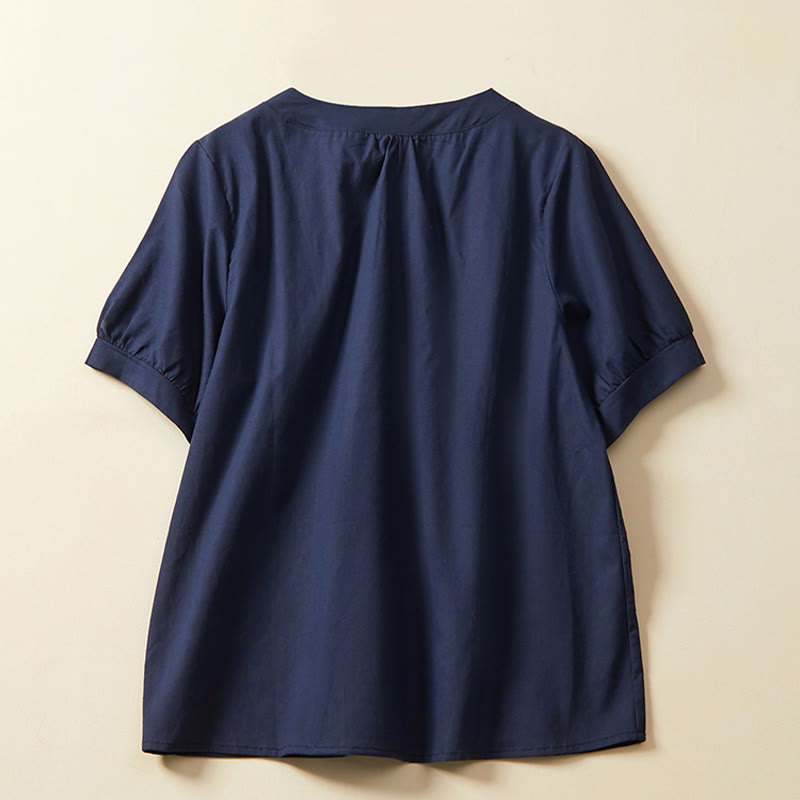 Koszulka damska z krótkim rękawem z bawełny i lnu Buddha Stones Casual Plain Button - image 5