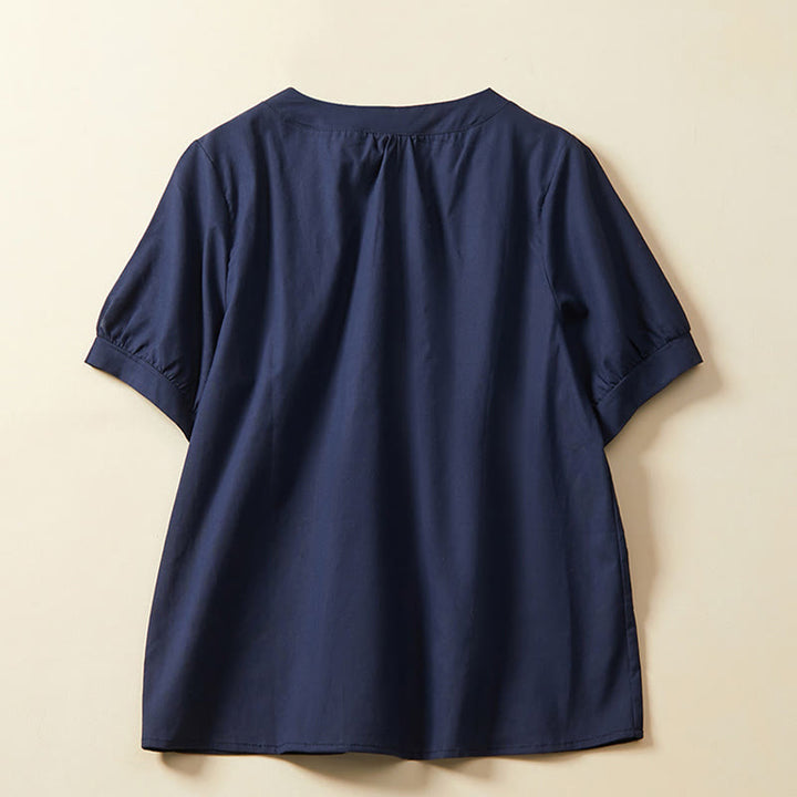 Koszulka damska z krótkim rękawem z bawełny i lnu Buddha Stones Casual Plain Button - image 5