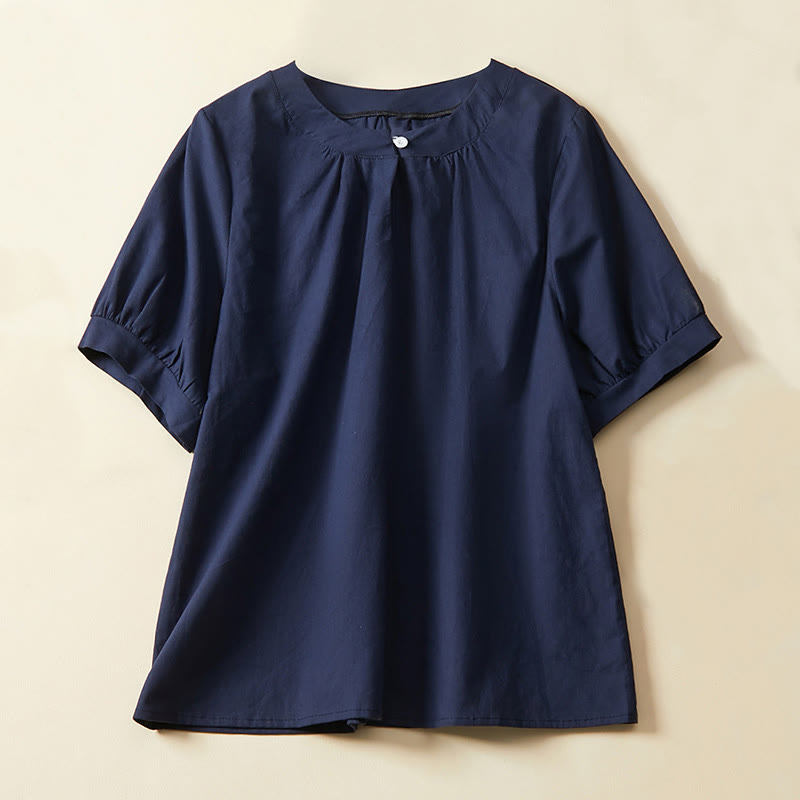 Koszulka damska z krótkim rękawem z bawełny i lnu Buddha Stones Casual Plain Button - Marynarka wojenna - US14, UK/AU18, EU46 (2XL) - image 4