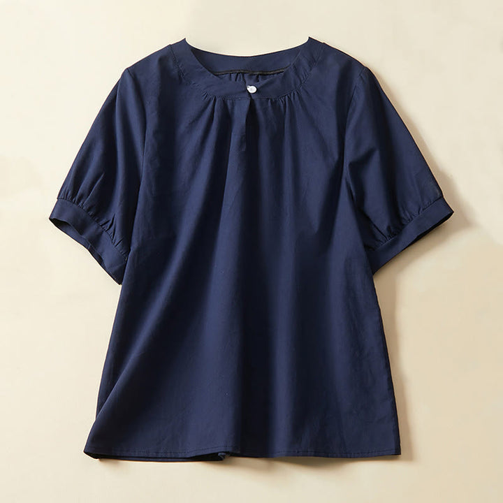 Koszulka damska z krótkim rękawem z bawełny i lnu Buddha Stones Casual Plain Button - Marynarka wojenna - US14, UK/AU18, EU46 (2XL) - image 4