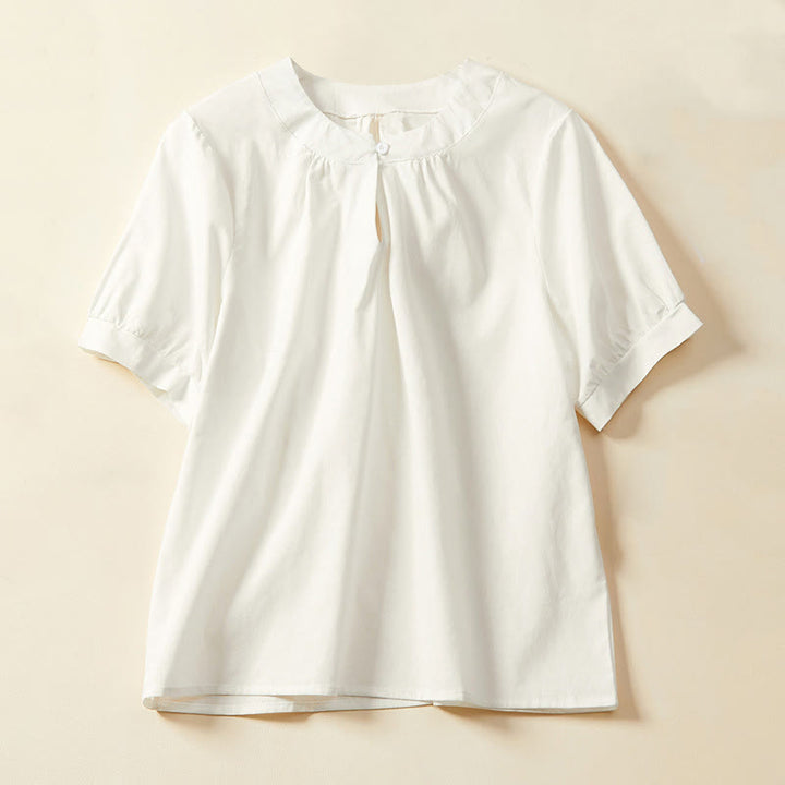 Koszulka damska z krótkim rękawem z bawełny i lnu Buddha Stones Casual Plain Button - Biały - US14, UK/AU18, EU46 (2XL) - image 2