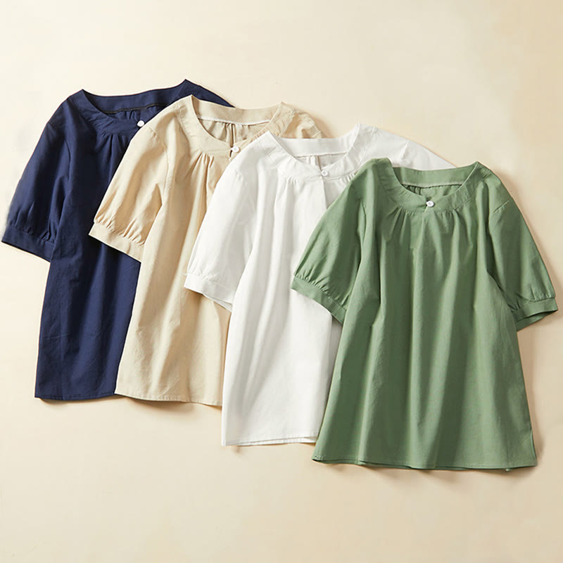 Koszulka damska z krótkim rękawem z bawełny i lnu Buddha Stones Casual Plain Button - image 14