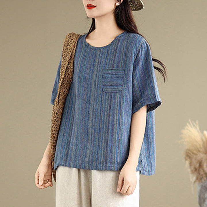 Koszulka damska z krótkim rękawem i bawełnianym lnem Buddha Stones w stylu retro w paski - image 4