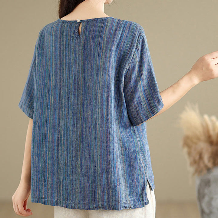 Koszulka damska z krótkim rękawem i bawełnianym lnem Buddha Stones w stylu retro w paski - image 10