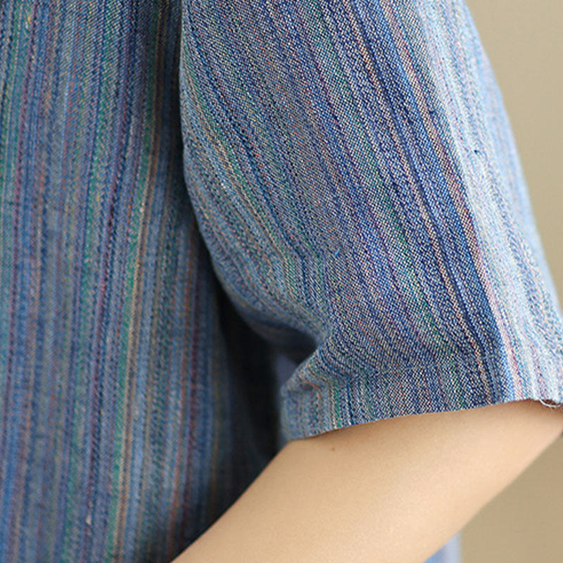 Koszulka damska z krótkim rękawem i bawełnianym lnem Buddha Stones w stylu retro w paski - image 7