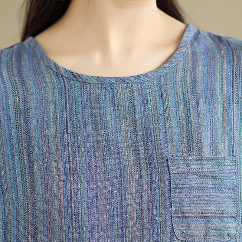 Koszulka damska z krótkim rękawem i bawełnianym lnem Buddha Stones w stylu retro w paski - image 4