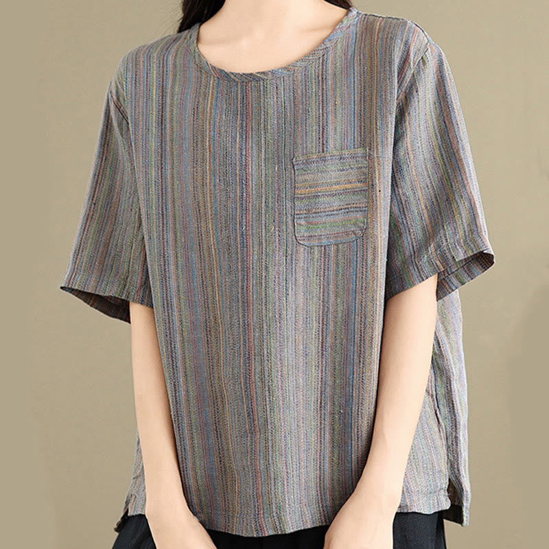 Koszulka damska z krótkim rękawem i bawełnianym lnem Buddha Stones w stylu retro w paski - Łupkowoszary - US12, UK/AU16, EU44 (2XL) - image 11