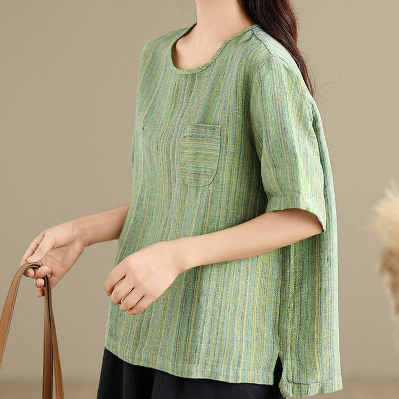 Koszulka damska z krótkim rękawem i bawełnianym lnem Buddha Stones w stylu retro w paski - image 20