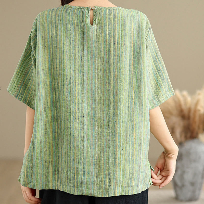 Koszulka damska z krótkim rękawem i bawełnianym lnem Buddha Stones w stylu retro w paski - image 21