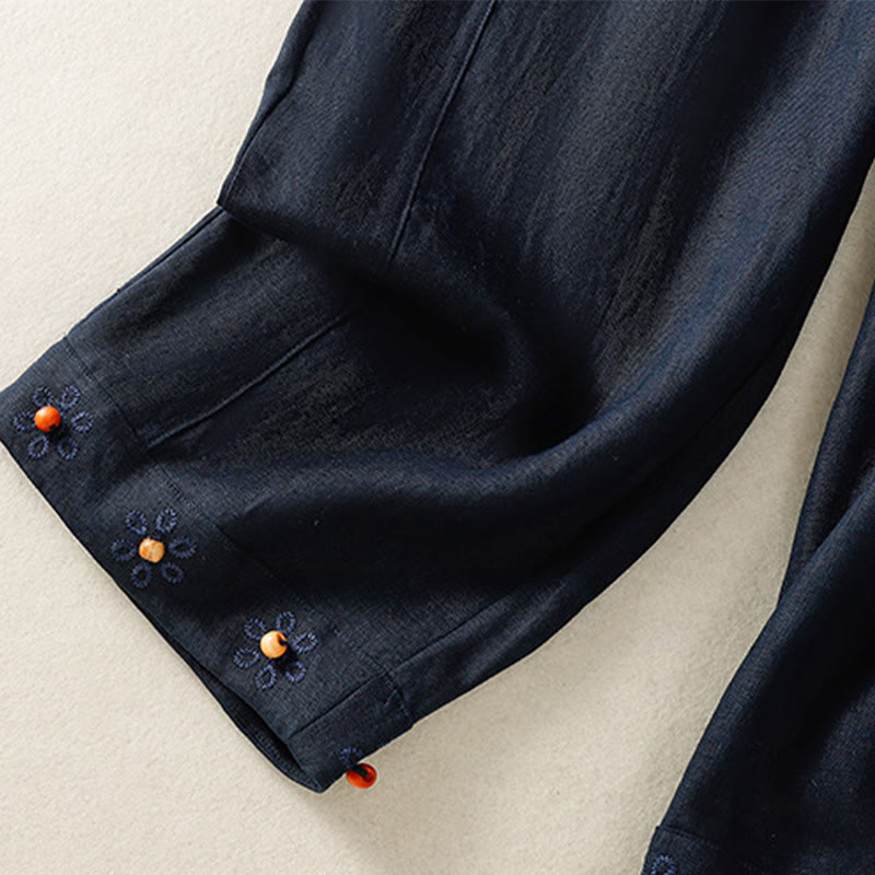 Spodnie damskie bawełniane z szerokimi nogawkami i kieszeniami, haftowane koralikami i sznurkiem Buddha Stones - image 4