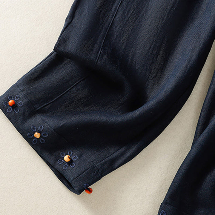 Spodnie damskie bawełniane z szerokimi nogawkami i kieszeniami, haftowane koralikami i sznurkiem Buddha Stones - image 4