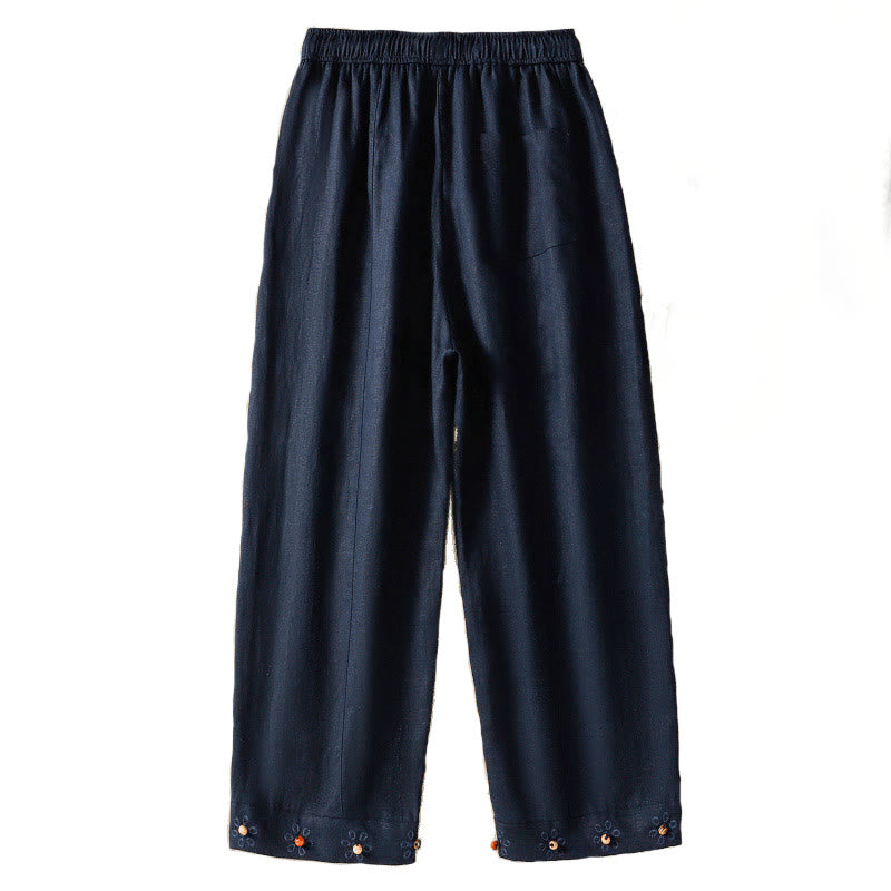 Spodnie damskie bawełniane z szerokimi nogawkami i kieszeniami, haftowane koralikami i sznurkiem Buddha Stones - image 5