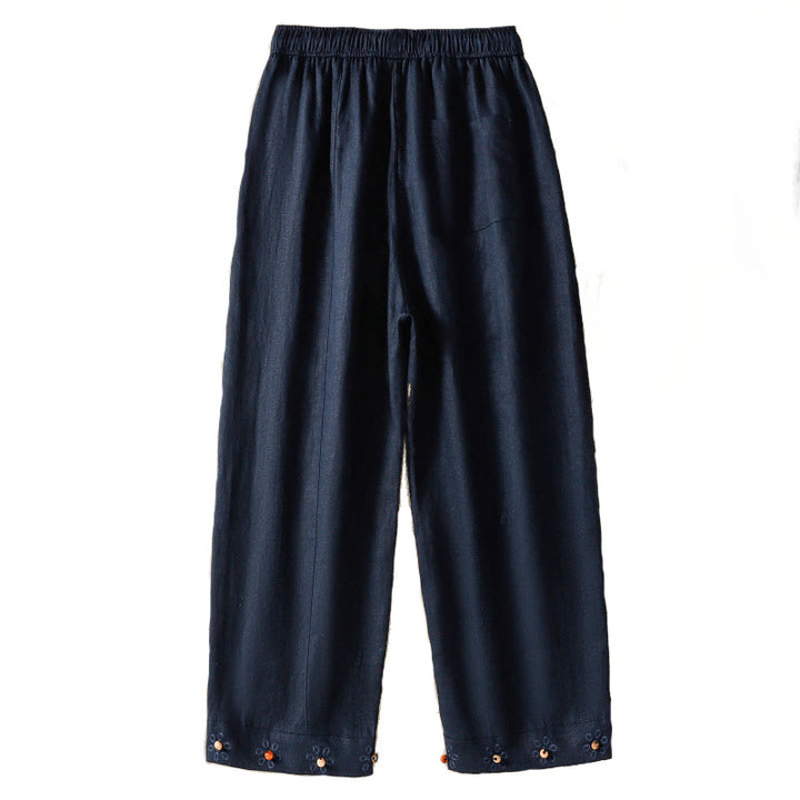 Spodnie damskie bawełniane z szerokimi nogawkami i kieszeniami, haftowane koralikami i sznurkiem Buddha Stones - image 5