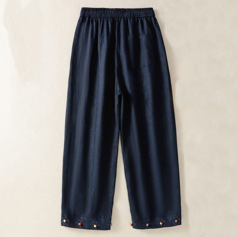 Spodnie damskie bawełniane z szerokimi nogawkami i kieszeniami, haftowane koralikami i sznurkiem Buddha Stones - image 1