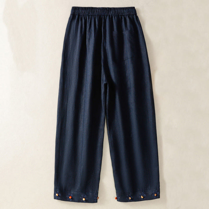 Spodnie damskie bawełniane z szerokimi nogawkami i kieszeniami, haftowane koralikami i sznurkiem Buddha Stones - image 1