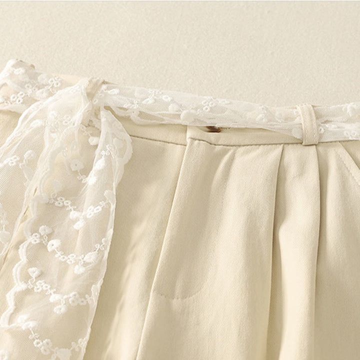 Damskie spodnie bawełniane z szerokimi nogawkami i kieszeniami, z koronką, z Buddha Stones , w jednolitym kolorze - image 1