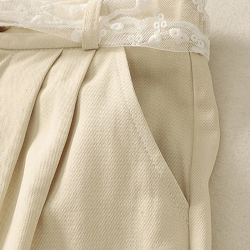 Damskie spodnie bawełniane z szerokimi nogawkami i kieszeniami, z koronką, z Buddha Stones , w jednolitym kolorze - image 2