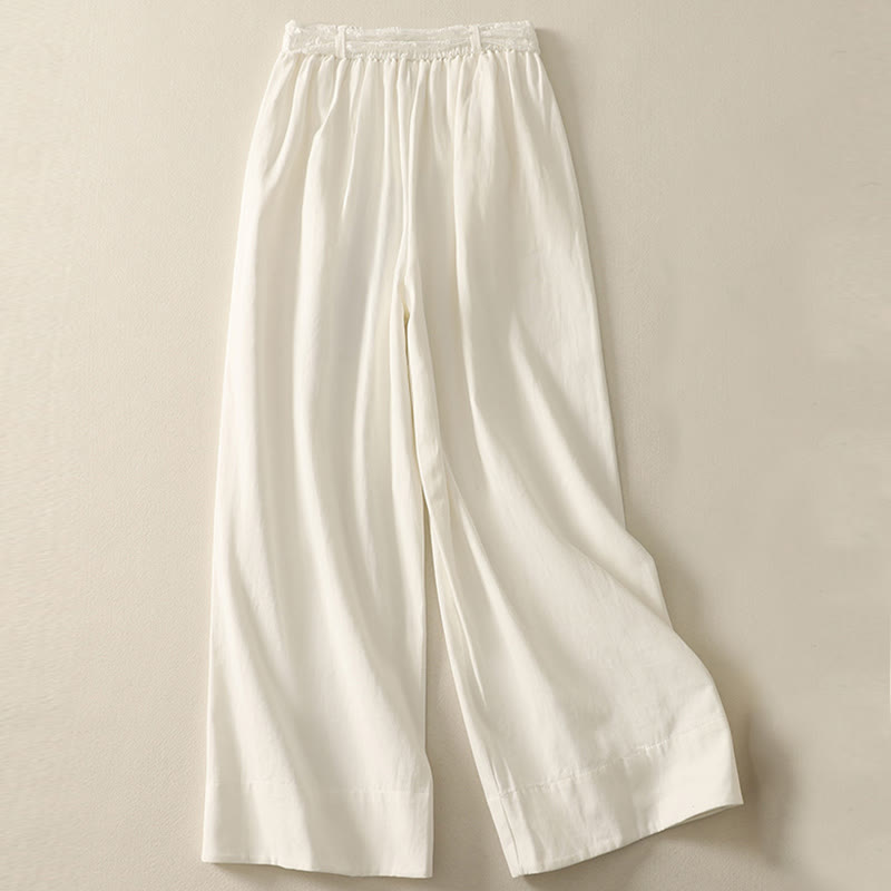 Damskie spodnie bawełniane z szerokimi nogawkami i kieszeniami, z koronką, z Buddha Stones , w jednolitym kolorze - image 7