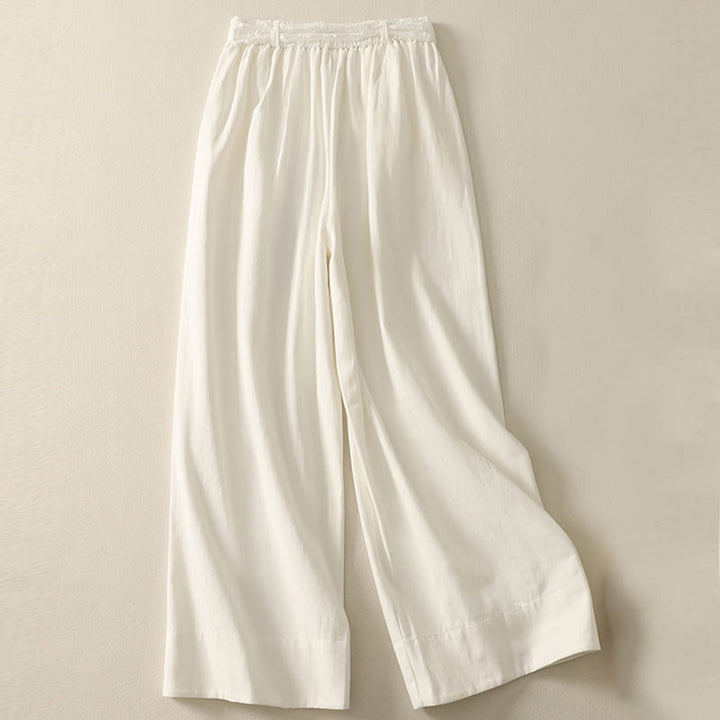 Damskie spodnie bawełniane z szerokimi nogawkami i kieszeniami, z koronką, z Buddha Stones , w jednolitym kolorze - image 7