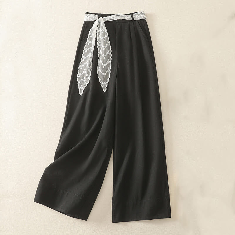 Damskie spodnie bawełniane z szerokimi nogawkami i kieszeniami, z koronką, z Buddha Stones , w jednolitym kolorze - Czarny - US8-10，UK/AU12-14，EU40-42 (2XL) - image 17