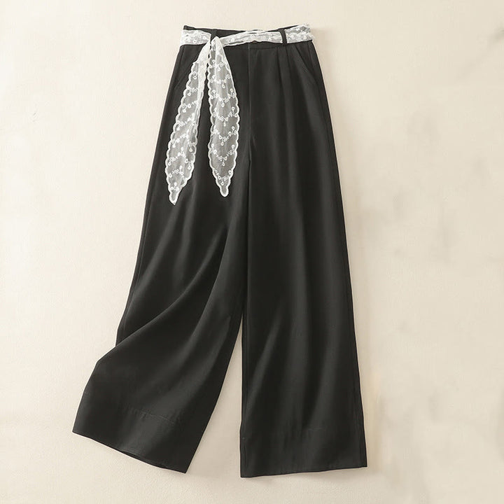 Damskie spodnie bawełniane z szerokimi nogawkami i kieszeniami, z koronką, z Buddha Stones , w jednolitym kolorze - Czarny - US8-10，UK/AU12-14，EU40-42 (2XL) - image 17