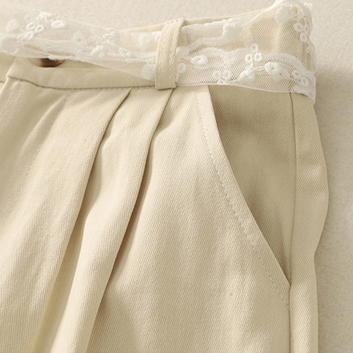 Damskie spodnie bawełniane z szerokimi nogawkami i kieszeniami, z koronką, z Buddha Stones , w jednolitym kolorze - image 3