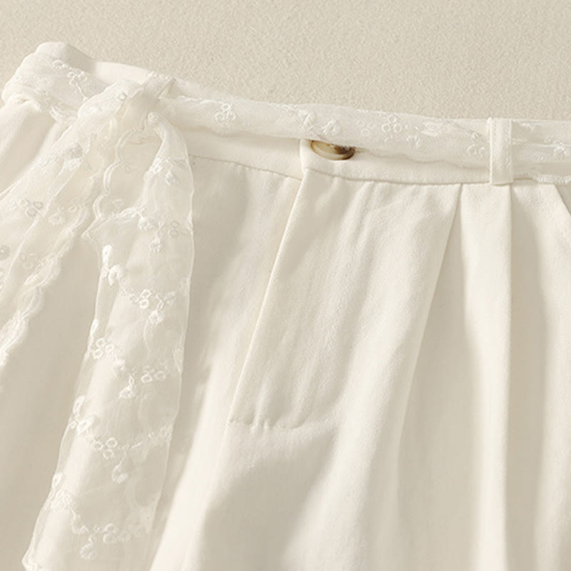 Damskie spodnie bawełniane z szerokimi nogawkami i kieszeniami, z koronką, z Buddha Stones , w jednolitym kolorze - image 8