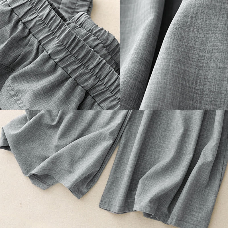 Damskie spodnie z szerokimi nogawkami z bawełny i lnu z kieszeniami, gładkie, jasnostalowo-niebieskie, z Buddha Stones - image 8