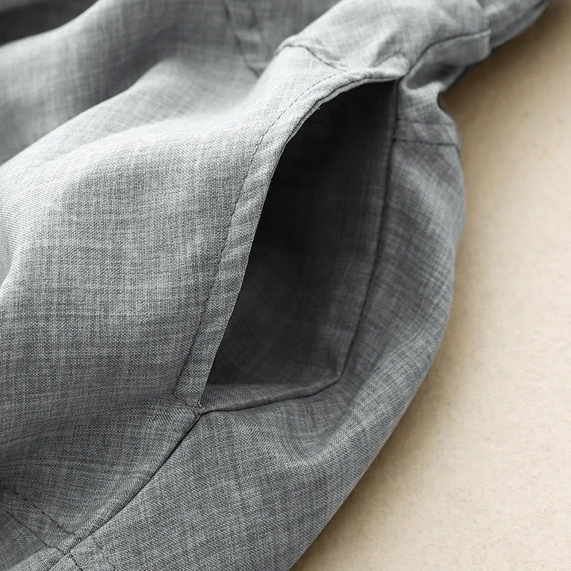 Damskie spodnie z szerokimi nogawkami z bawełny i lnu z kieszeniami, gładkie, jasnostalowo-niebieskie, z Buddha Stones - image 4