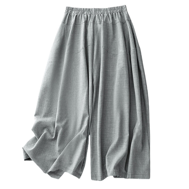 Damskie spodnie z szerokimi nogawkami z bawełny i lnu z kieszeniami, gładkie, jasnostalowo-niebieskie, z Buddha Stones - image 9